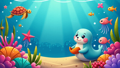 Fototapeta premium Underwater-scene-cute-seal-turtle-fish-colorful-cartoon-illustration