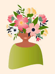 Portrait of a beautiful woman with flowers on her head on a light pink background for spring cards for Women's Spring Day. 