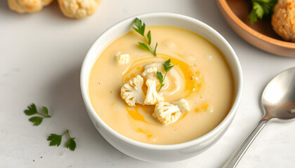 Vegetarian cream cheese soup with cauliflower in white bowl. Healthy vegan food concept, graphic novel art. with white shades