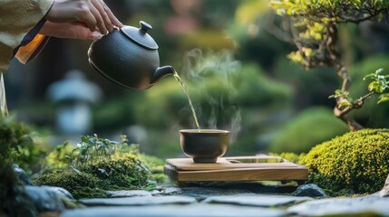 Pouring tea into a cup in a serene Japanese garden setting, steam rising.