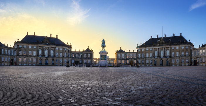 Sunrise with view of the Amalienborg Palace in Copenhagen, Denmark