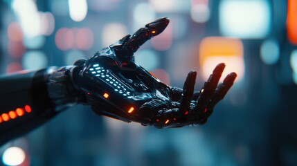 Naklejka premium Futuristic robotic hand reaching out, sleek metallic design with illuminated accents, symbolizes technology and connection.