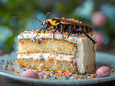 An insect perching on a slice of colorful cake