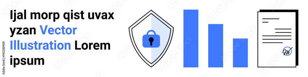 Poster shield with lock for security, blue bar chart for analytics, signed document symbolizing compliance.