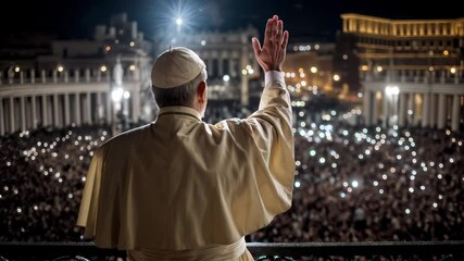 Newly elected Pope greets thousands of believers from balcony of St. Peters Basilica, blessing gathered crowd under glow of city lights. Pope symbolism of faith and unity historic papal appearance