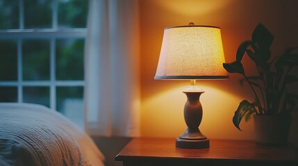 Soft lamp light beside window.  Bedroom ambiance