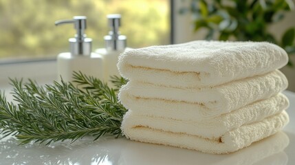 Soft white towels stacked neatly on a counter,  with fresh greenery and dispensers in the background