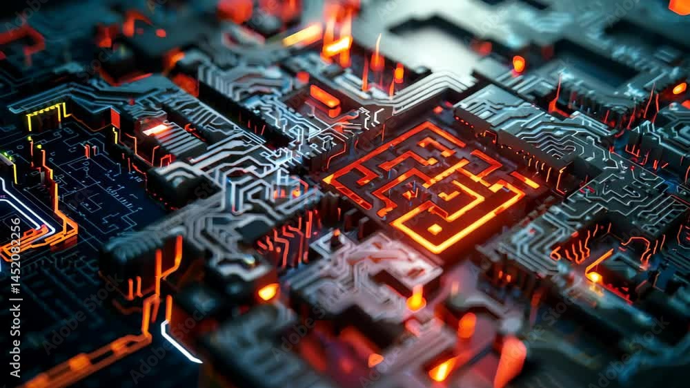 Poster explore a stunning circuit board design featuring a glowing maze at its center. this abstract repres