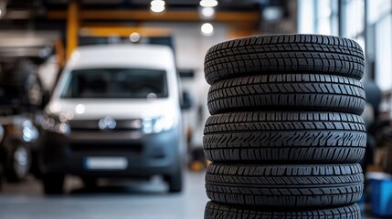 A stack of new tires prominently displayed in a well-lit automotive workshop. with blurred vehicles in the background. emphasizing the tire's quality and readiness for installation