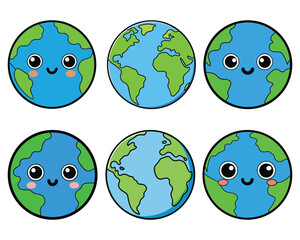 Cartoon Earth Character Set – Cute and Smiling Globe Icons for Kids, Earth Day, and Educational Designs
