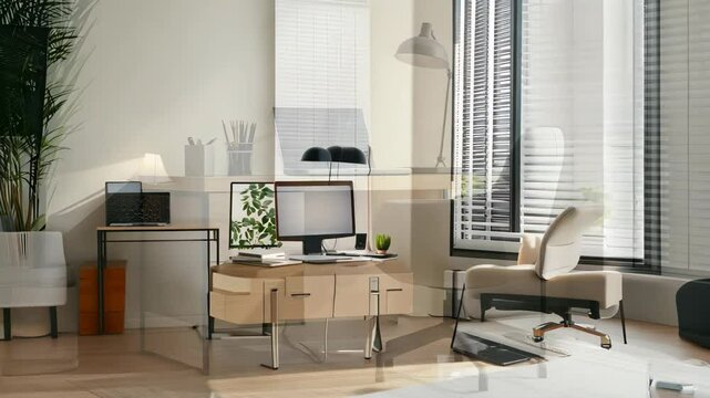 A modern minimalist workspace featuring a sleek desk and chair illuminated by natural light. This serene design promotes productivity and creativity.