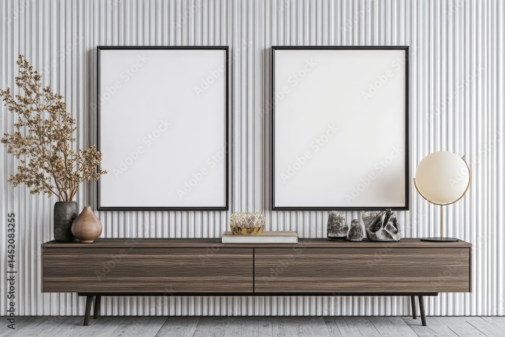 Poster a modern interior scene featuring a minimalist wooden sideboard with two empty black-framed picture 