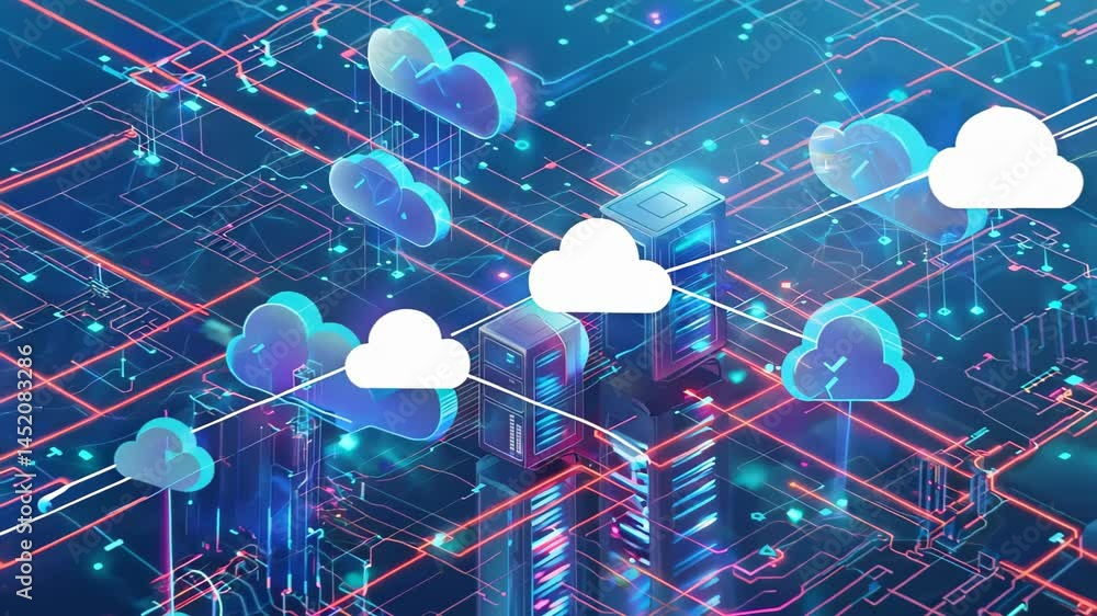 Poster this image showcases an abstract digital background featuring cloud technology, neon lights, and dat
