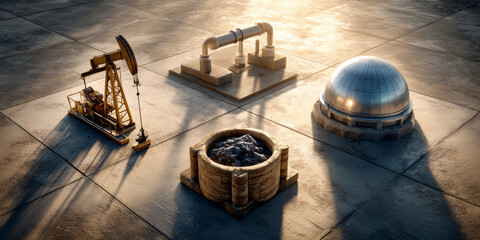 Obraz premium Oil well, gas pipeline, coal and nuclear power plant showing different energy sources