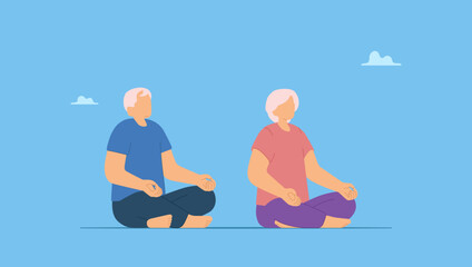 Vector illustration of senior, elderly couple doing meditation. Happy aging adults yoga, meditating.