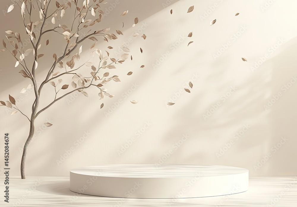 Poster a serene indoor scene featuring a round white pedestal in a minimalist setting. with a delicate tree