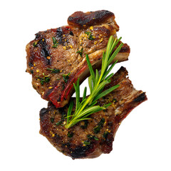 Two grilled lamb chops are stacked atop each other, garnished with fresh rosemary and herbs, presented on a clean, white background for culinary appeal.