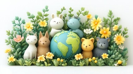Cute animal figurines surrounding a globe in a vibrant floral setting, symbolizing nature's harmony