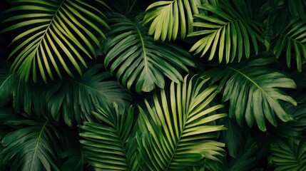 Lush tropical foliage: vibrant green palm and monstera leaves create a rich pattern.