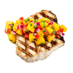 Grilled swordfish steak topped with vibrant mango salsa, showcasing fresh ingredients and healthy cuisine against a bright white background on a square format.