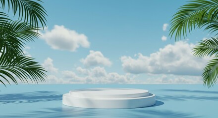 White Podium Display with Palm Leaves Against a Sunny Sky