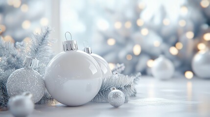 Close-up of white Christmas ornaments and frosted tree branches on a soft bokeh.
