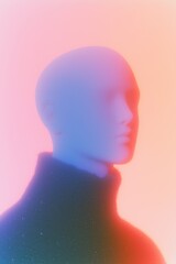 A blurry, faceless humanoid statue, set against a pink and blue gradient background