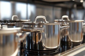 Stainless steel pots and pans on stovetop
