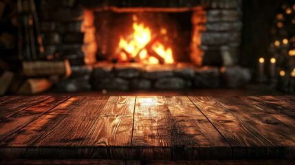 Rustic wooden table in front of a blurred cozy fireplace background.
