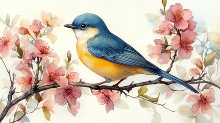 Bluebird in Bloom: Watercolor Painting of a Vibrant Bluebird Perched on a Branch with Delicate Pink Cherry Blossoms.