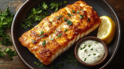 Baked fish fillet with herbs, sauce, lemon on plate, rustic wood table