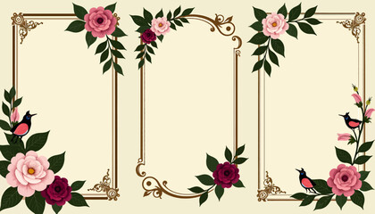 Obraz premium Floral-border-design-with-roses-and-birds-vector-illustration