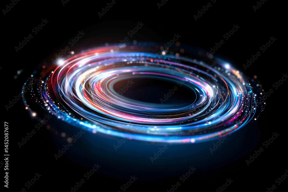 Poster exploring the dynamic interplay of light and technology in a swirling vortex of innovation