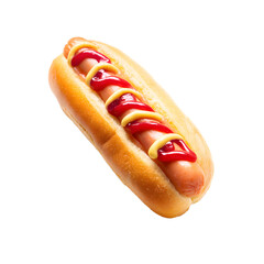 A delicious hot dog is presented on a bright white background, featu ketchup and mustard condiments drizzled on the juicy sausage in a soft bun for a tasty meal.