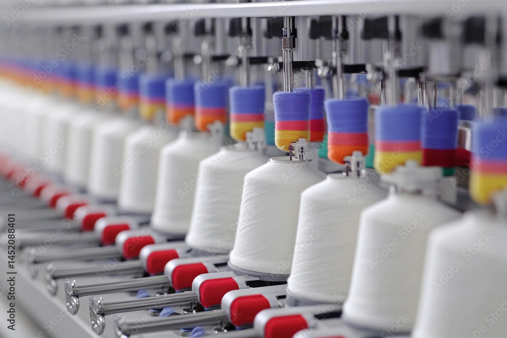 Poster textile factory filled with chaos as looms operate with colorful spools of thread in action