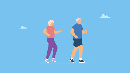 Vector illustration of senior, elderly couple jogging. Happy senior man and woman spends time outdoors.