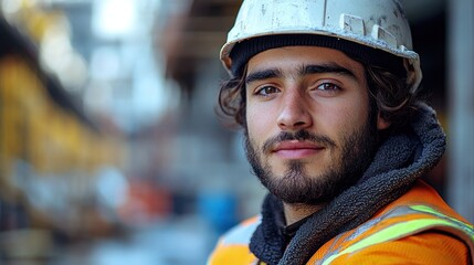 Fototapeta premium Man wearing hard hat and safety vest at a construction site.