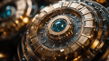 Close-up view of intricate metallic discs with blue gems, showcasing advanced technology and design