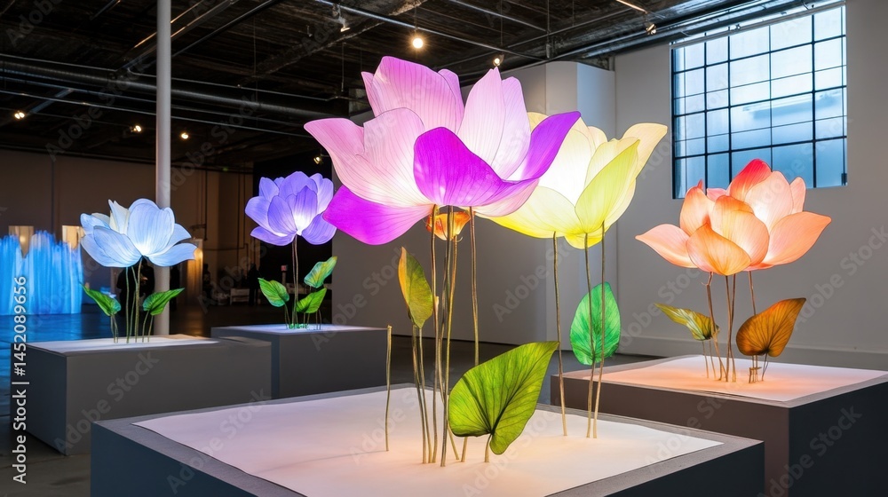 Poster light and airy floral display with luminous colorful petals creating a serene visual