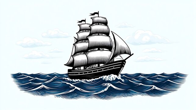 Vintage Sailing Ship at Sea Nautical Adventure Illustration.