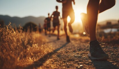 Runners Pace Themselves During Sunset Trail Run, Achieving Fitness Goals Outdoors.