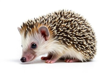 Tiny hedgehog curled, isolated on pure white background, hedgehog, brown, isolated object