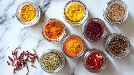 An overhead shot of colorful spices and herbs in glass jars on marble.