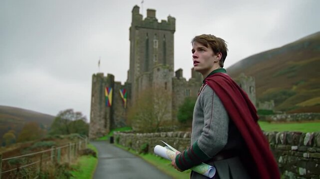 Man with Map and Castle in Landscape