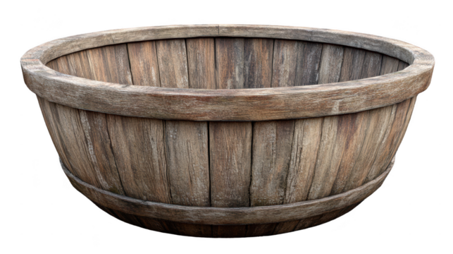 Rustic wooden barrel isolated on transparent background, enhancing vintage theme