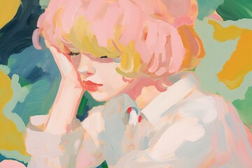 Fototapeta na wymiar Stress and anxiety woman painting art cartoon.