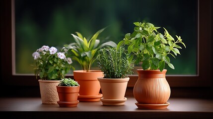 Fototapeta premium Windowsill Herb Garden Basil with Rosemary, and More.