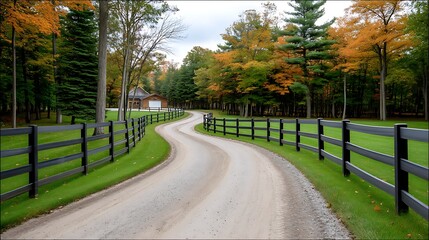 Obraz premium Winding Country Lane with Autumn Scenery, and Rustic Charm.