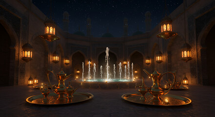 Tranquil courtyard scene illuminated by ornate lanterns, celebrating Eid festivities