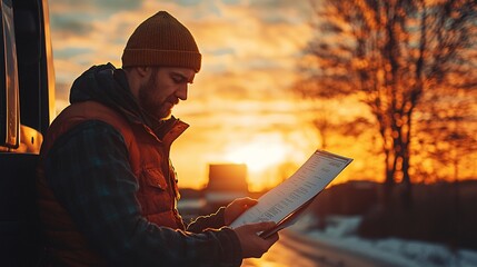Focused man sitting and reading a book while checking his manifest before departure from work